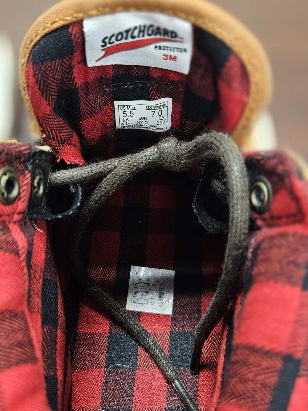 Vans Tan Suede High-Top Sneakers with Red Plaid Collar